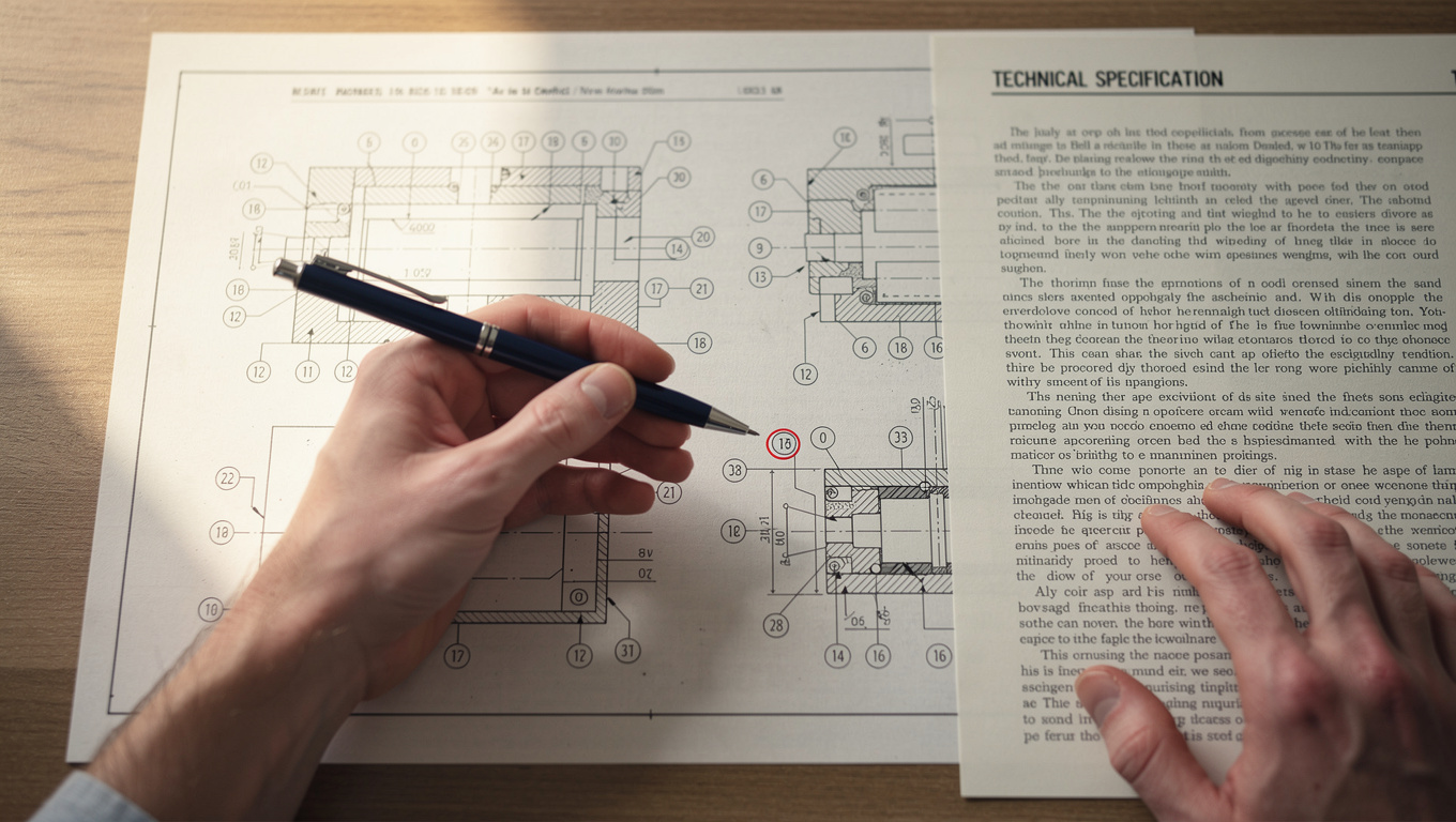 Cross-checking a reference sign against the drawing by hand A hand holding a pen circles a reference sign on a technical patent drawing, checking it against the printed specification beside it
